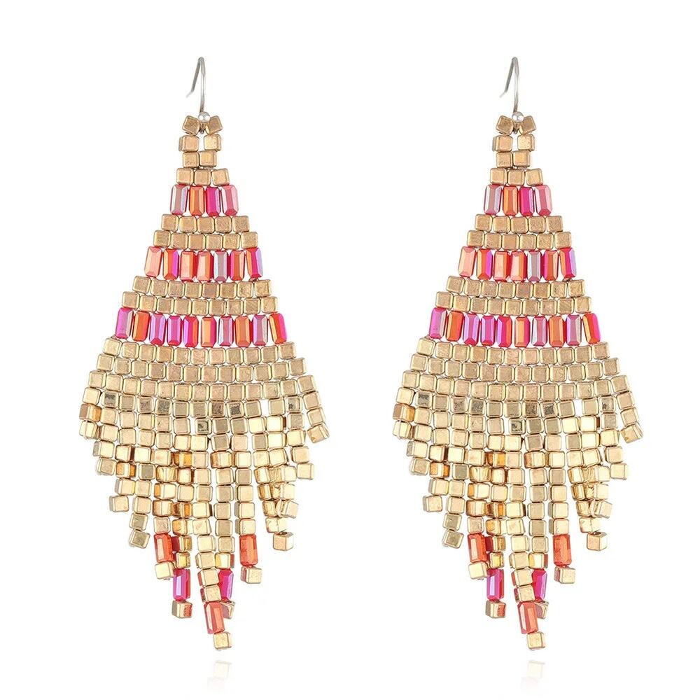 Hand‎ Made Beaded Pink and Gold Tassel Drop Earrings